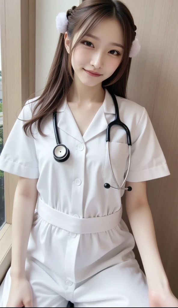 masutepiece, Best quality, One girl, (Beautiful girl:1.3), (18 years old:1.3), Very fine eye clarity, (Symmetrical eyes:1.3), (nurse costume:1.2), Beautiful breasts, Brown eyes, Parted bangs, Brown hair