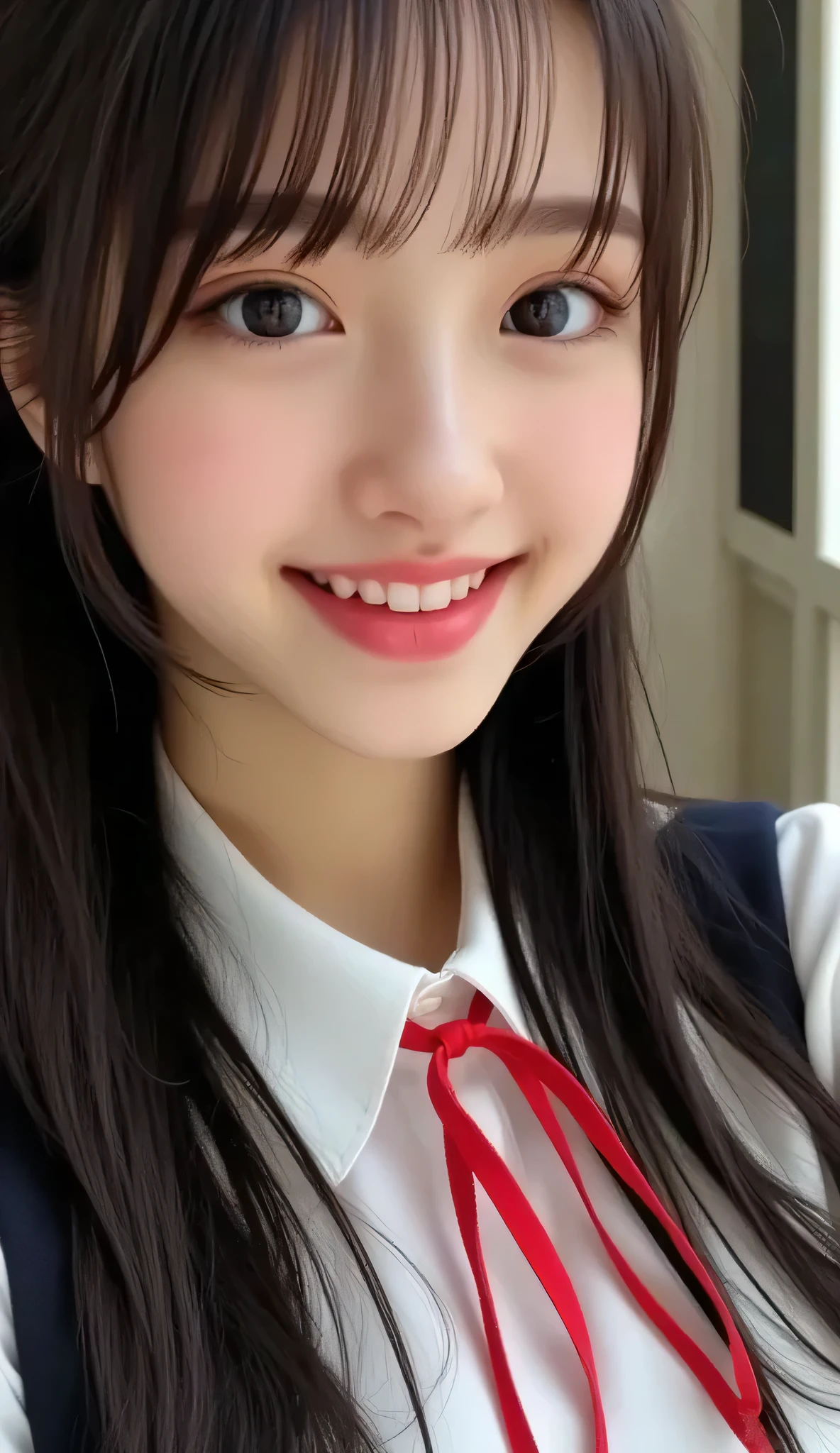 ,Short sleeved white shirt,Red tie,Navy blue mini skirt,Navy blue socks,open mouth,tongue out,cum on tongue,standing,slouch,Selfie,looking ahead,from above,flont view,upper body,(1girl,Beautiful 14 year old girl),((Slender,Small breasts,Small face,)),looking at viewer,Black Hair,bangs,one side up,Beautiful and detailed,Mischievous smile,Dimly lit room,Simple Background,Black background,Low lighting