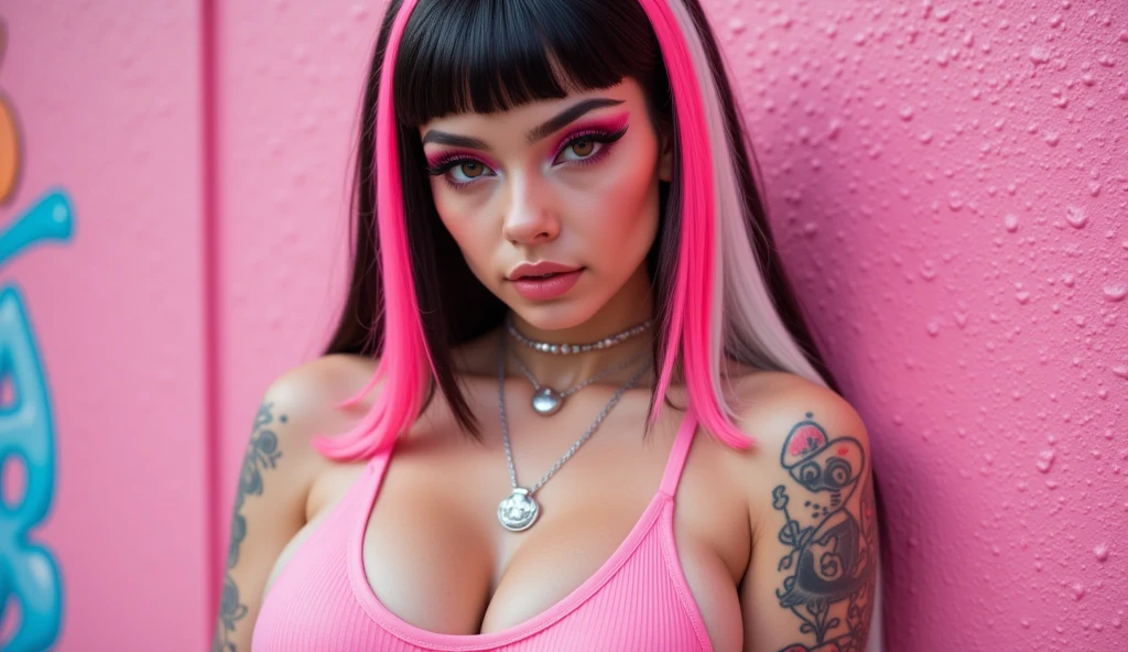 a woman with pink hair and tattoos sitting on a bed, long pink hair, with pink hair, huge pink hair, long bubblegum hair, long flowing pink hair, pink hair, pink straight hair, pink girl, pink wispy hair, slim body, profile image, pink vibe, light pink hair, bikini top, necklace, full round lips, blowing a kiss at the camera, eyelashes, perfect skin, perfect body, cleavage, edgy vibes, grudge vibes, hot, beautiful, 8K, Top Quality, Intricate Details, Ultra Detail, Ultra High Resolution, masterpiece, cinematic lighting, realistic