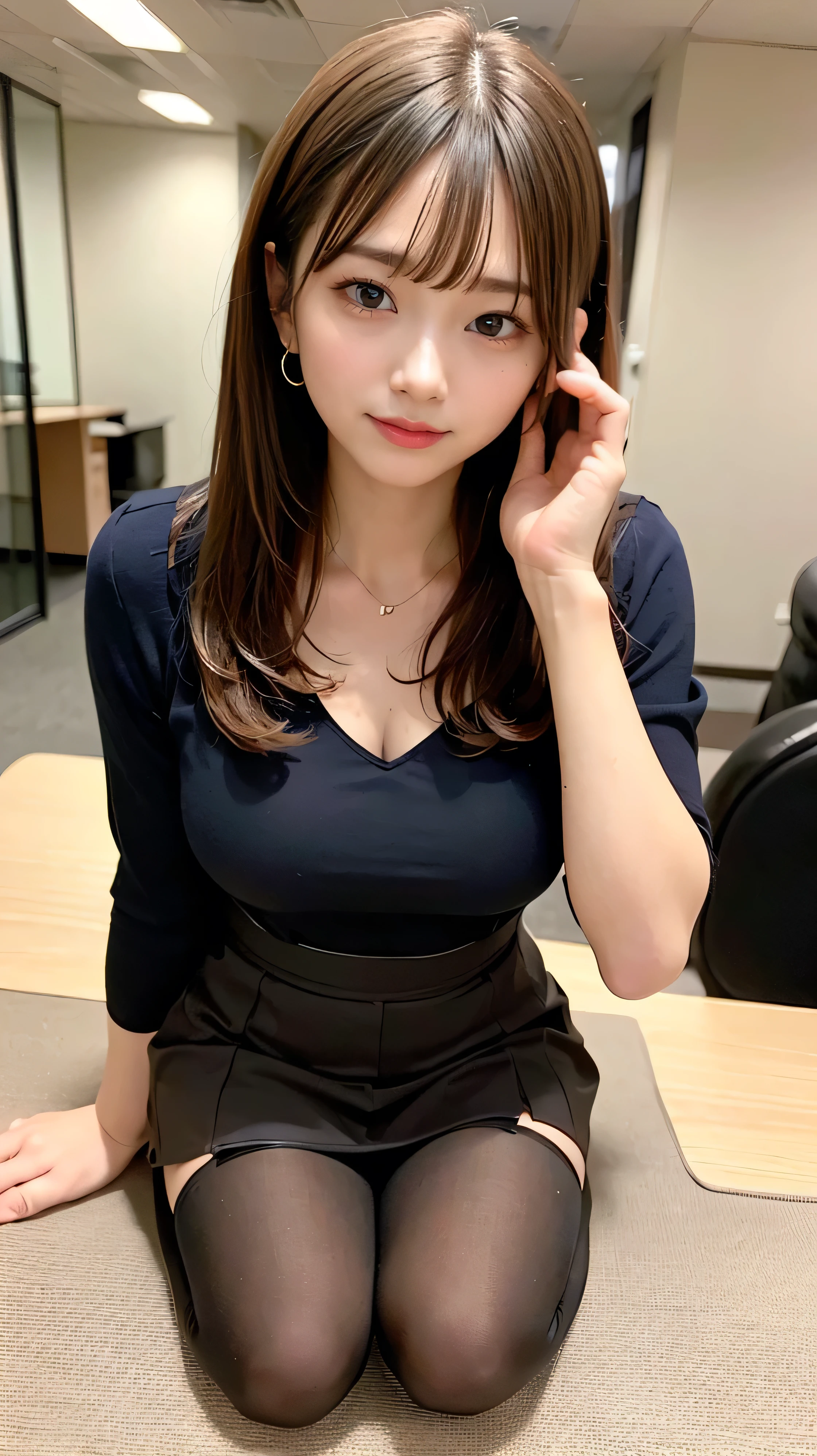40k, photograph, masterpiece, Highest quality, Tight thin T-shirt、Tank tops that show cleavage、Tight Skirt, ((Super beautiful girl)),Beautiful sunset in the office、Sit on a chair、 perfectionな顔, perfection , ((Big Breasts)), ((smile、1 girl with brown eyes and beautiful light black hair)). Beautiful Japanese Women,Very white skin, . Highly detailed face, fine grain, Embarrassing, smile, whole body, Long and beautiful legs、black tights、Long Hair、With bangs、Light Brown Hair、Sexy body