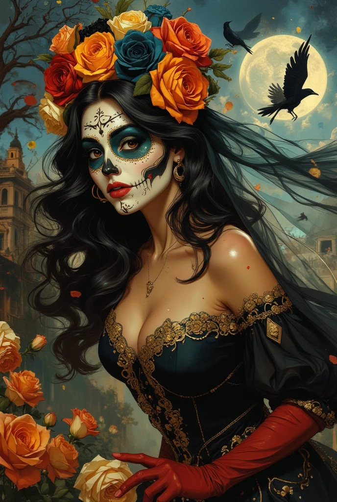 《Avareza》,Bad girl with black eye mask and lots of skulls,Life is varied,The devil's eyes are deep and burning with fire,The body is shrouded in a dark atmosphere。Their faces may be smiling,Maybe there is a deep sadness hidden。The devil is a symbol of peace,They tempt people to explore the edge of darkness。