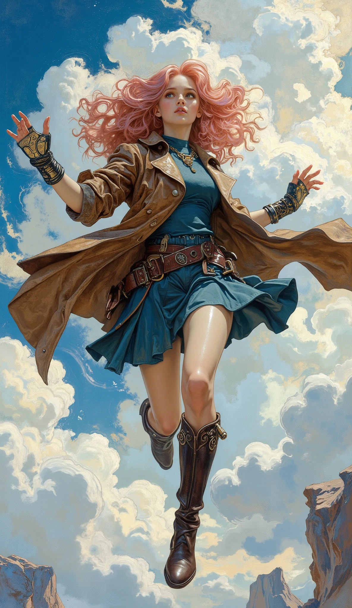 A stunningly beautiful young woman, pure innocence, oval face, delicate features, fair porcelain skin. Voluminous, rose-quartz pink curly long hair. Slim eyebrows, crystal clear dazed ethereal eyes.
Clothed in a knee-length, tight short-sleeved trench coat of burnished brown leather, worn over a sapphire blue, form-fitting mini dress.
Accessorized with sci-fi ancient civilization style intricately engraved metal bracers on both hands, emitting a faint ethereal glow.
Her fair, long legs are encased in thigh-high, dark leather ranger boots.
Action: Captured mid-leap, soaring weightlessly and dynamically through ethereal, billowing clouds and swirling, opalescent mist.
Shot: High-speed action shot, dramatic low-angle camera, subtle motion blur conveying velocity.
Art Style: Fusion of Fantasy Realism and Exquisite Mature Illustration. Western Ranger character archetype influences.
Details: Perfect anatomy, clearly defined 5 fingers. Professional quality, exceptionally high detail, hyper-realistic textures on hair, leather, metal, and fabric.
Lighting: Cinematic, with volumetric light rays filtering through the clouds.
Overall: Creative composition, evoking wonder, heroic dynamism, and ethereal beauty.