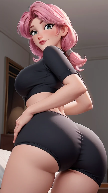 4K, Twin-tailed ,Lens Flare, Pink hair ,mascara, eye line, god rays, 4K, 8K, Best Quality, masutepiece, hyper Detailed, intricate detailes, 1girl in, Solo, Detailed, Detailed Fuschia Hair ++, Detailed pink eyes ++, 光线追踪, Perfect Shadow, hight resolution, Enhanced eyes, Huge breasts, Horns, Pink Galaxy Eye, Huge ass, booty, gargantuan butt, On the web, Panties, White crop top, Bedroom