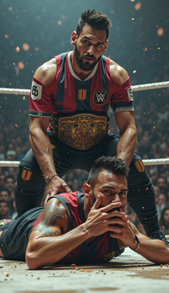 Fighter similar to Neymar Junior, fighting WWE,  full body tattoo 