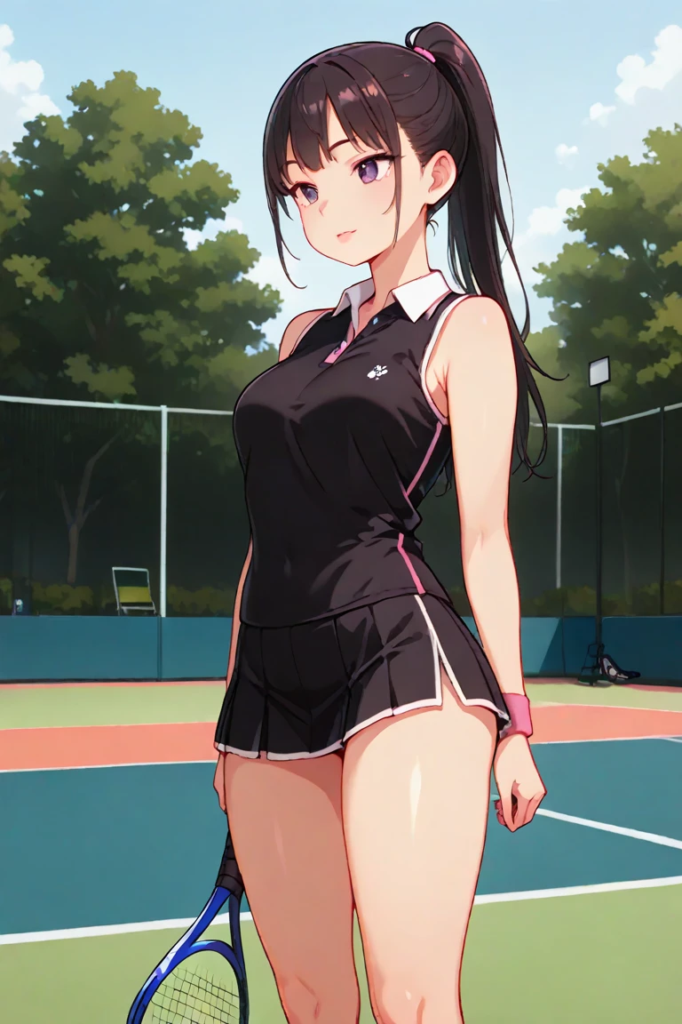 (obra-prima, melhor qualidade, semi-realista: 1.3), Minako, matural female, (tiro de corpo inteiro: 1.05), cheeleader, 1girls, milf, (curvy:0.8), solo, (blush:1.05), cabelo curto, cabelo preto, cabelo roxo, ombros nus, recorte de roupa, zettai ryouiki, coxas brancas, camisa, recorte de decote, seios enormes, batom, corpo perfeito, olhos perfeitos, olhos de anime, smoky eyeliner, sombra, rosto perfeito, bashful, foco nítido, background of tennis court, arte profissional, detalhes intrincados, colorido, cores vibrantes, cores vivas, diffuse lighting, mistura digital, corpo ultra detalhado, cabelo ultra detalhe, rosto ultra detalhe, Trend in Pixiv,