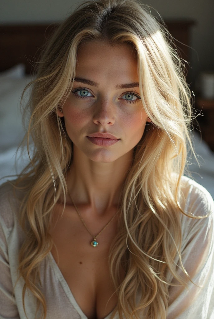 an eye contact of a blondy with long curly hair and light theme. hulf-turn. in light blue