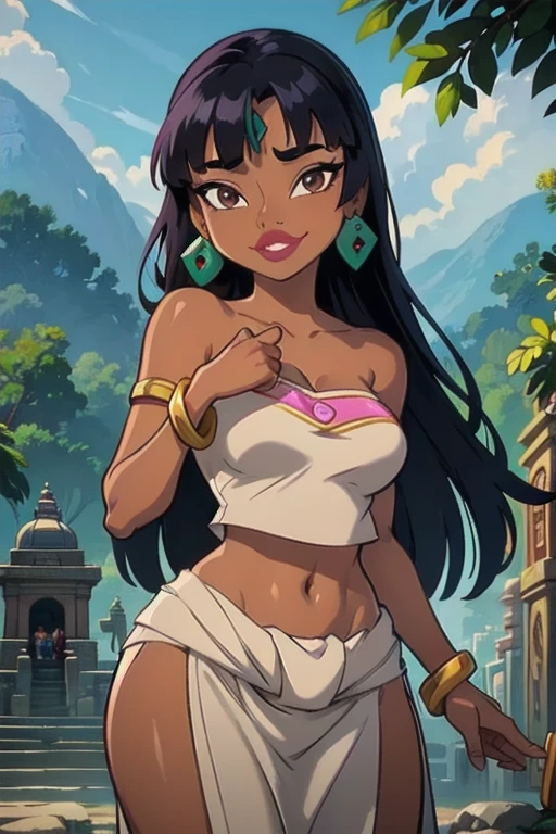 thick outlines, comics, photorealistic, perfect hands, masterpiece:1.2, colorful, Aztec, 1 girl, solo, dynamic pose, <lora:chel_eldorado:0.9>, chel_eldorado, long hair, black hair, fringe, (tube top,midriff, loincloth:1.2), wide hips, small breast, detailed background, detailed face, detailed eyes, <lora:add_detail:0.8>