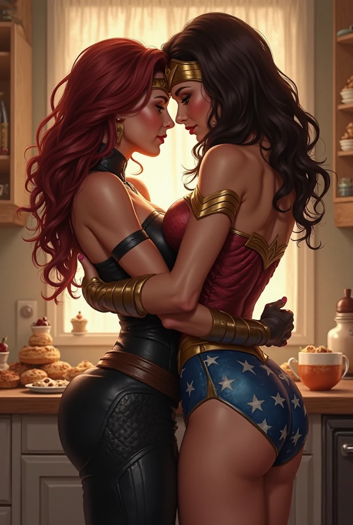 (((solo,1woman, mature, alone))), wonder woman, ((black hair, long hair, glowing brown eyes, wide eyes, tiara, lipstick, makeup, narrow waist, skinny, medium breasts)), pelvic curtain, ((blue panties, red bra)), full body, perfect body, (insanely detailed, beautiful detailed face, masterpiece, best quality), (extremely detailed 8k paper CG wall unit: 1.1), (bedroom, dusk), (naughty face for the viewer), bent over, big ass, View from behind, Diagonal view