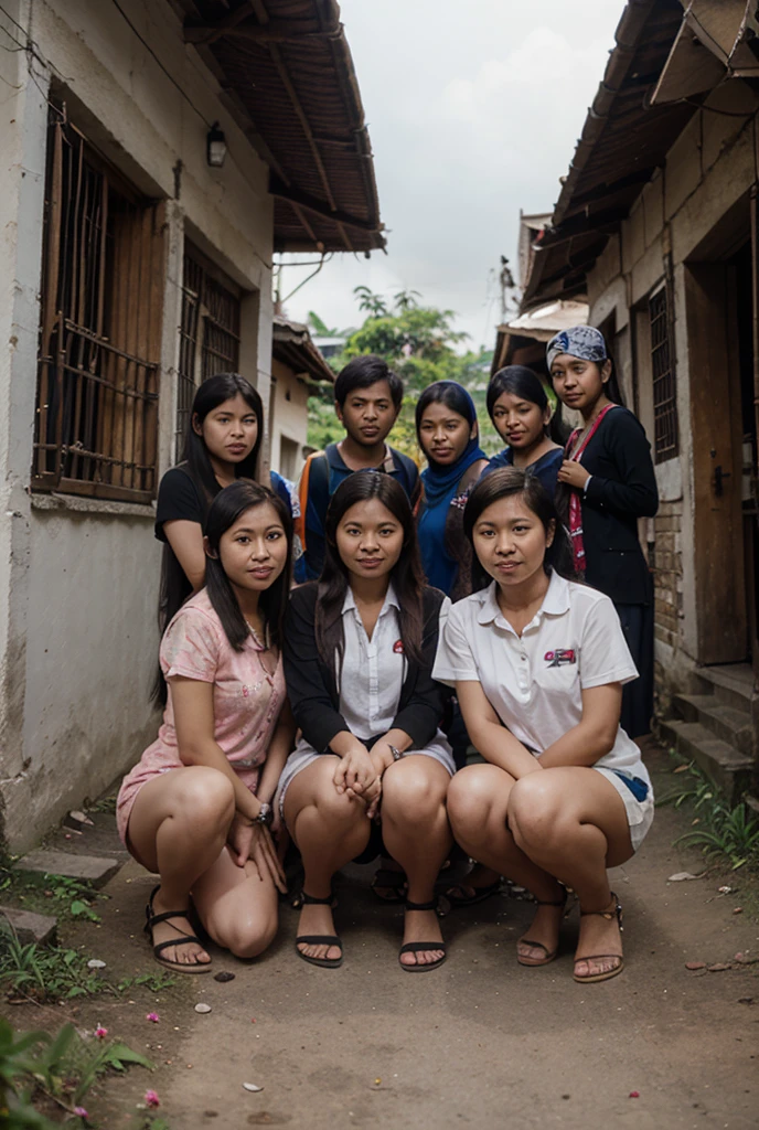 Many girls donating money in front of a village.