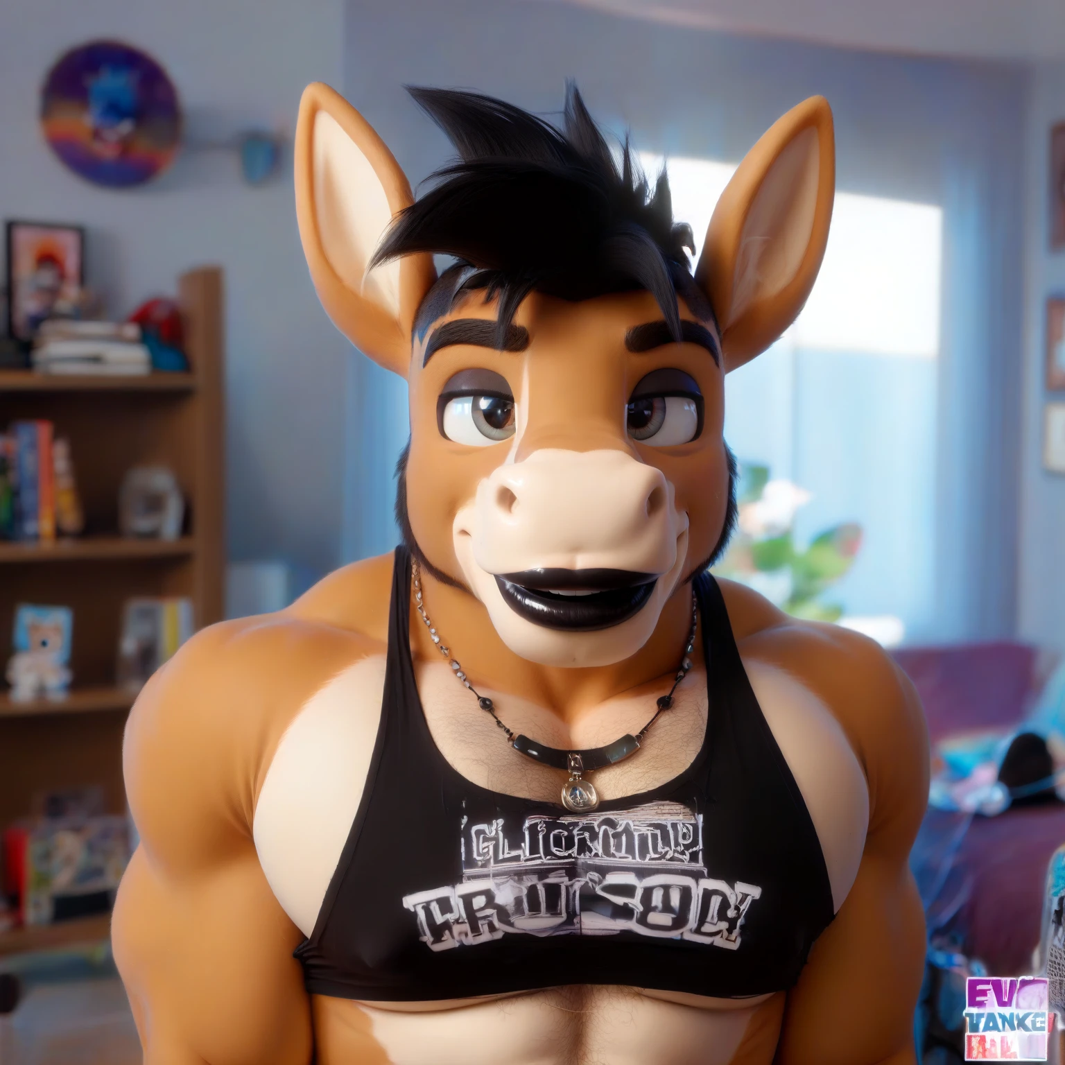 score_9, score_8_up, score_7_up, rating_safe,source_furry,anthro,source_3D, Sexy muscular male german shepherd (tattoos:1.9) Alone at home Sitting on the couch watching a great football game, jockstrap Blue eyes Looking at the viewer very horny And eating great popcorn