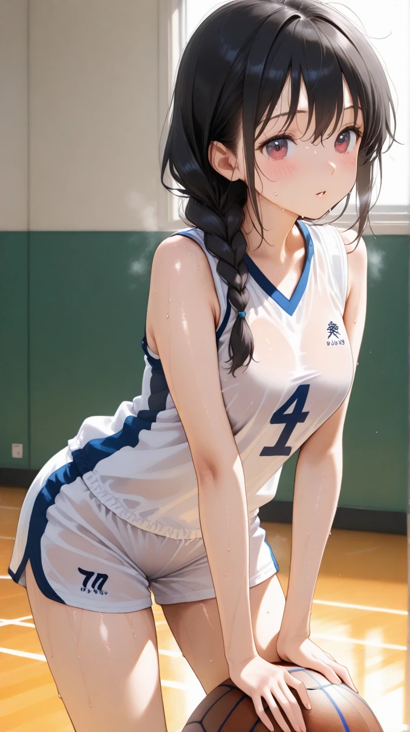 (masterpiece,highest quality,超A high resolution),japanese woman, (((Very beautiful 25 year old girl))), pretty girl、look at the photographer、 ((beautiful low ponytail)), super cute face, glossy lips, double eyelids in both eyes,natural smile、 natural makeup, long eyelashes, Shiny and smooth hair、center image, perfect limbs, perfect anatomy,(((white basketball uniform)))、(((turn around and look back)),wet with sweat, (emphasize the buttocks:1.4) , zoom up butt , see-through