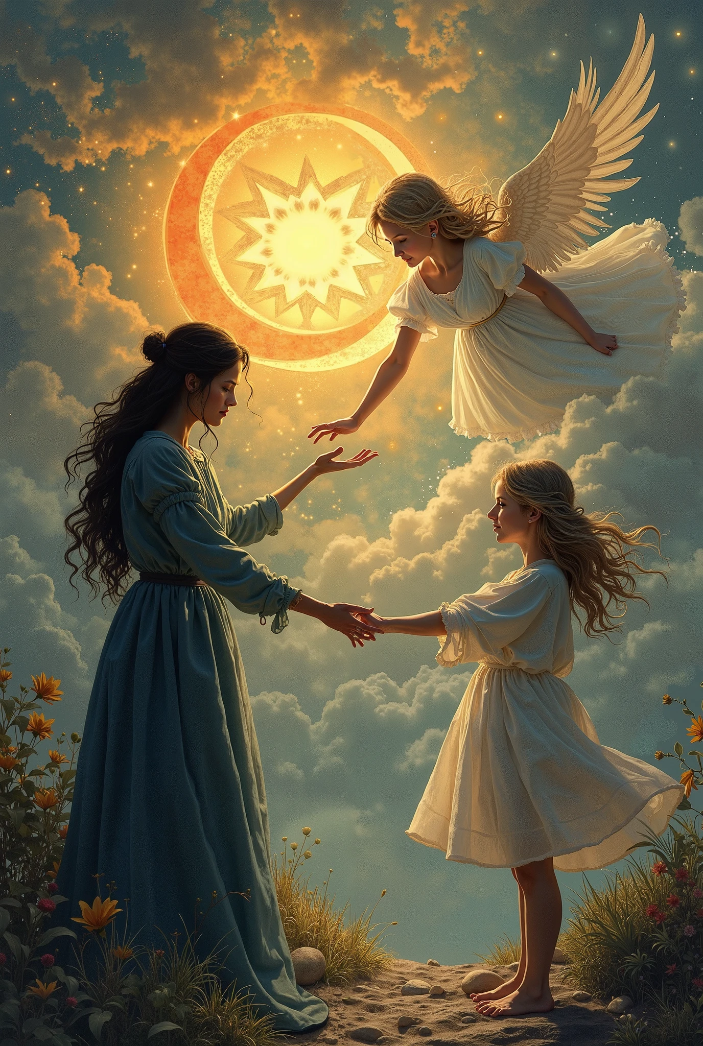 Two-year-old angel, very small one, cute, eyes closed, twinkling in the stars, high quality, thick acrylic illustration, Dolly Key, John Singer Sargent, Trompe Lowy detail, masterpiece, soft lighting, atmospheric lighting, bright morning light, fantastic light and shadow, 8K,