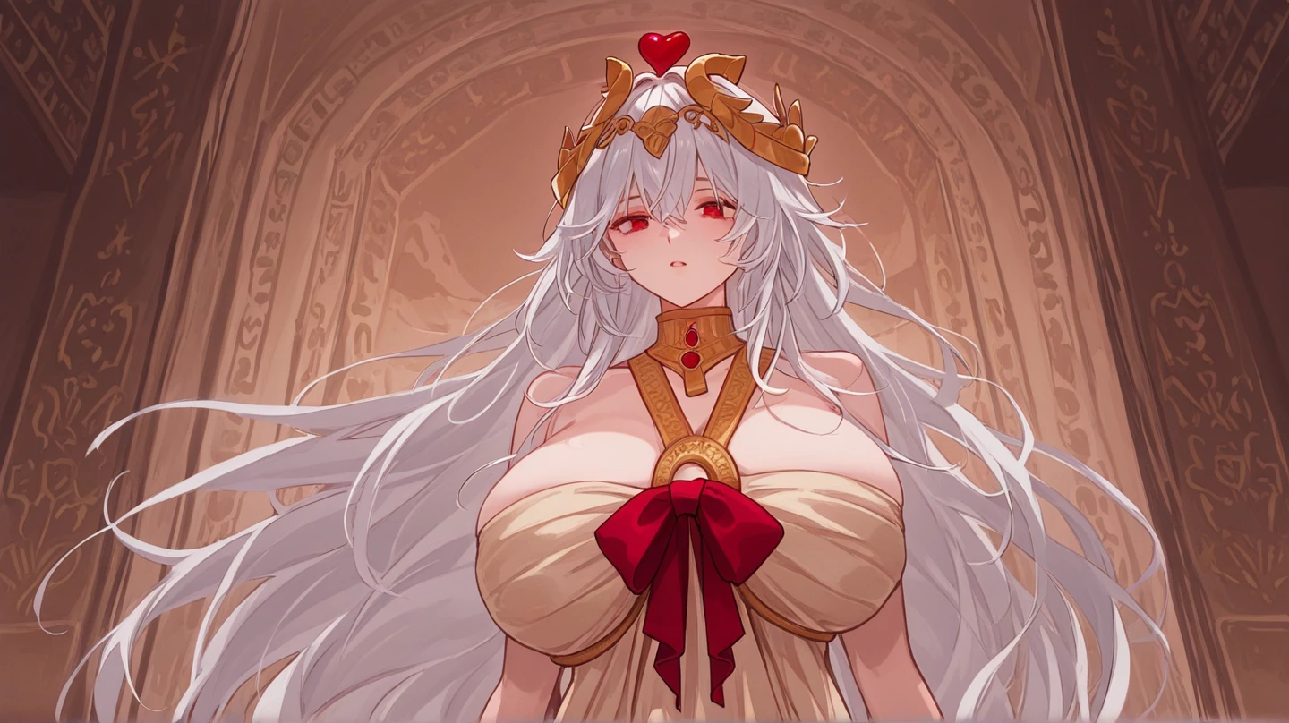 Chain bikini armor, chain crown, bare belly, big breasts, red hair, red eyes, godness of fire, fire