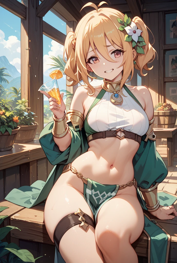 amicia michella - nijisanji, naime style 1girl, (((bimbo))), brown short hair, yellow inner hair, wavy hair, green eyes, (((bimbo))), thin lips, painted lips, shy smile face, wide hips, thick thighs, huge round ass, shiny oily breasts, string bikini, full body, island, nsfw