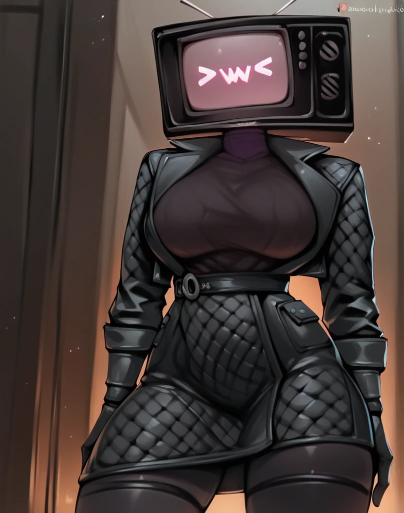attractive woman, (monitor head/tv head), sci-fi, big cleavage, wide hips, midriff, crop-top hoodie, hourglass figure, goth, one-eyed