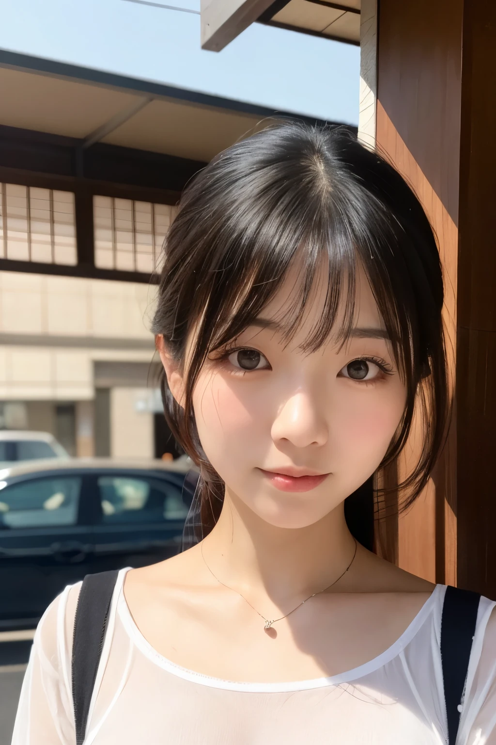 One piece with collar,outdoors,Urban Park,On the lawn,Ultra-detailed, finely detail, hight resolution, 8K Wallpaper, Perfect dynamic composition, Beautiful detailed eyes,Outdoor,Close-up of face,Outdoor,Blushing,Facing forward,,Long hair ponytail,((8K, Raw photo, Best Quality, Mastepiece:1.2), (Realism, Photorealistic:1.4), (Highly detailed 8K wallpapers), Depth of written boundary, Cinematic Lighting, Soft Light, Detailed Beauty Eye,Shiny and smooth light brown ponytail, Asymmetrical bangs, Shiny skin, Ultra-detailed skins ,It is high resolution., High detail, Detailed hairstyle, Detailed facial beauty, Hyper-realistic, Perfect limbs, Perfect Anatomy ,1 Japanese girl,Famous Japanese Idols, Perfect female body,A shy smile,Short eyelashes,Double-edged eyelids,Look straight here,Hair style: ponytail,Street Snap、Upper Body