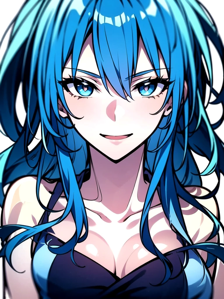  akane kurokawa. alone girl. cute smile. shy. Evening dress. white skin. long hair. blue hair. green eyes.
