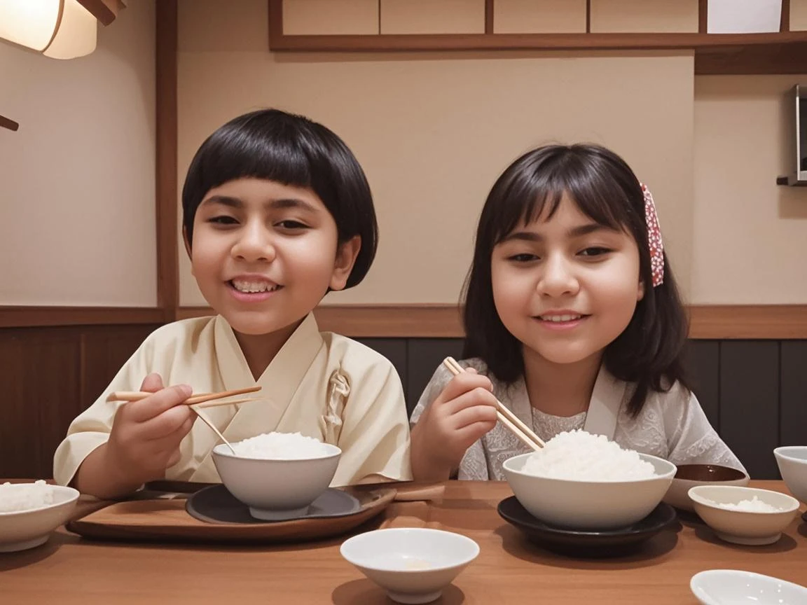 11 year old girl and 10 year old girl Japanese Light blue yukata Realistic Skin Bigeyes Eating a Big Mac フライドポテトを食べている