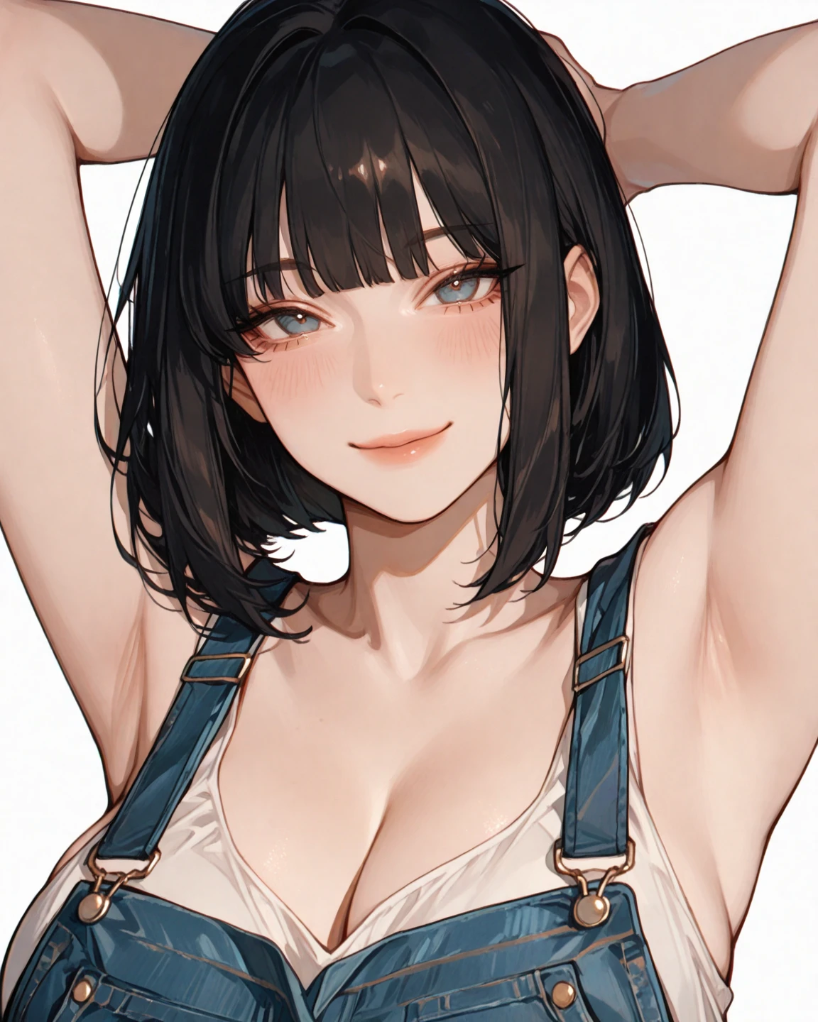 30 years old,1 mature woman,hyperrealistic, 8k, (extremely detailed 8k), (very delicate and beautiful), (masterpiece), (better quality:1.0), (ultra high resolution:1.0), (masterpiece, best quality),cute,black hair,big breasts,ponytail,POV,overalls,full body,white background,leaning forward,