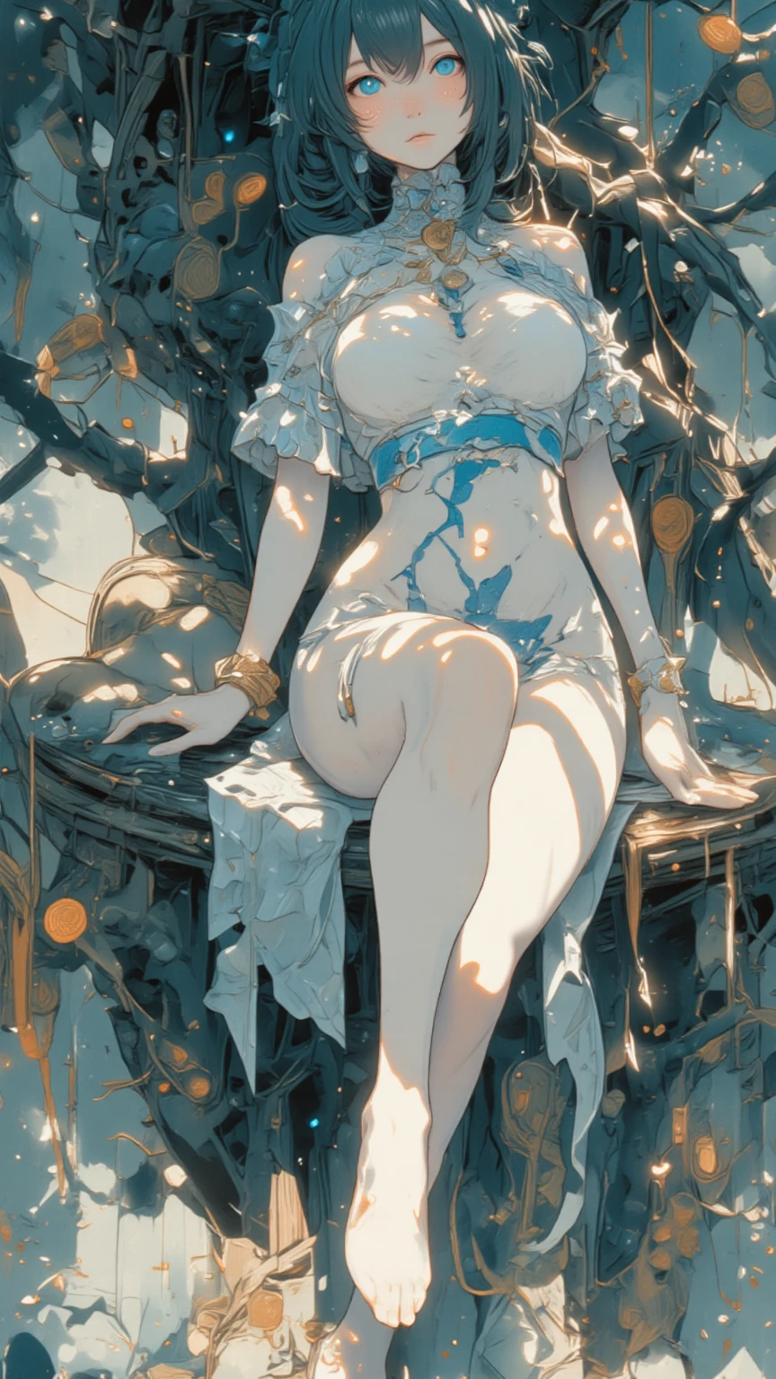 ((aeolian)), 1 girl, beautiful face, Princess, (naked), very long black hair, slim body with long legs, shiny skin, autumn forest background, wearing high heels, camera view from the side, full body view, sitting on table