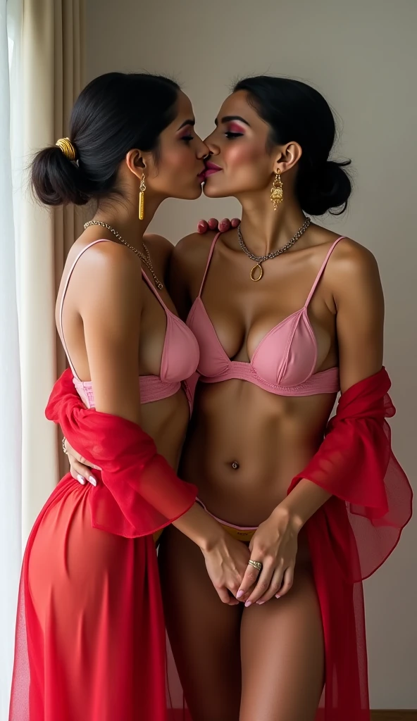 photo of Beautiful Indian Mature Aunty, Dark Skin, Wearing Tight pink Kurti with White stole tied around her neck, Showing Large U Cut Cleavage, Hair tied around her back, Sitting on Bed and Kissing a Young Man, Dim light in the room.