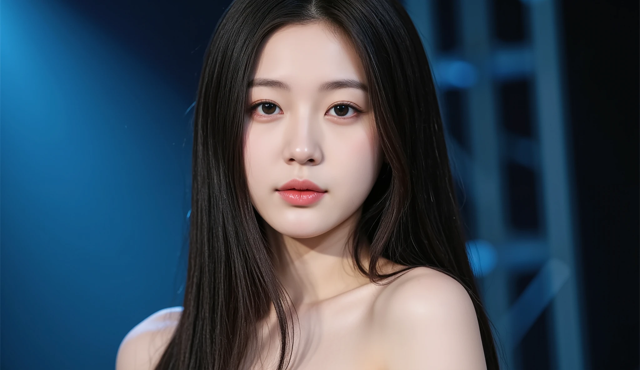 a shoulder-up candid photo of a 20-year-old Korean woman on a real concert stage, photographed with a DSLR, natural lighting, detailed skin texture, soft background blur, minimal or stage makeup, unique facial features, ultra photorealistic, not digital art, not illustration
