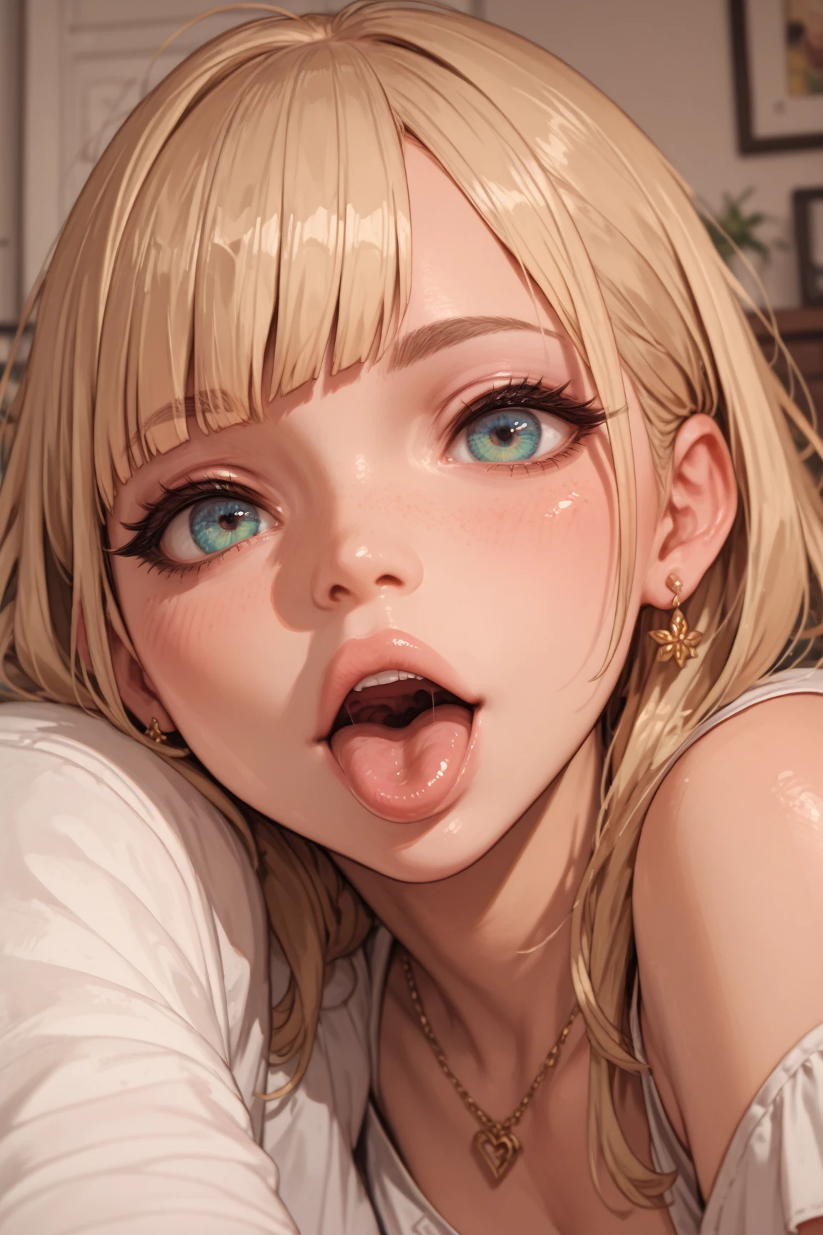 (debris flies),highest quality, expressive eyes, perfect face, 1 girl,big breasts, H cup breasts, good breasts,beautiful, the autumn leaves are still red,aki shizuha, blonde hair, short hair, yellow eyes, leaf hair ornament,bedroom background、full nude、blush、I can see the whole body、Sleep alone&#39;Came back、smile、open your mouth, tongue sticks out and drips、beautiful breasts