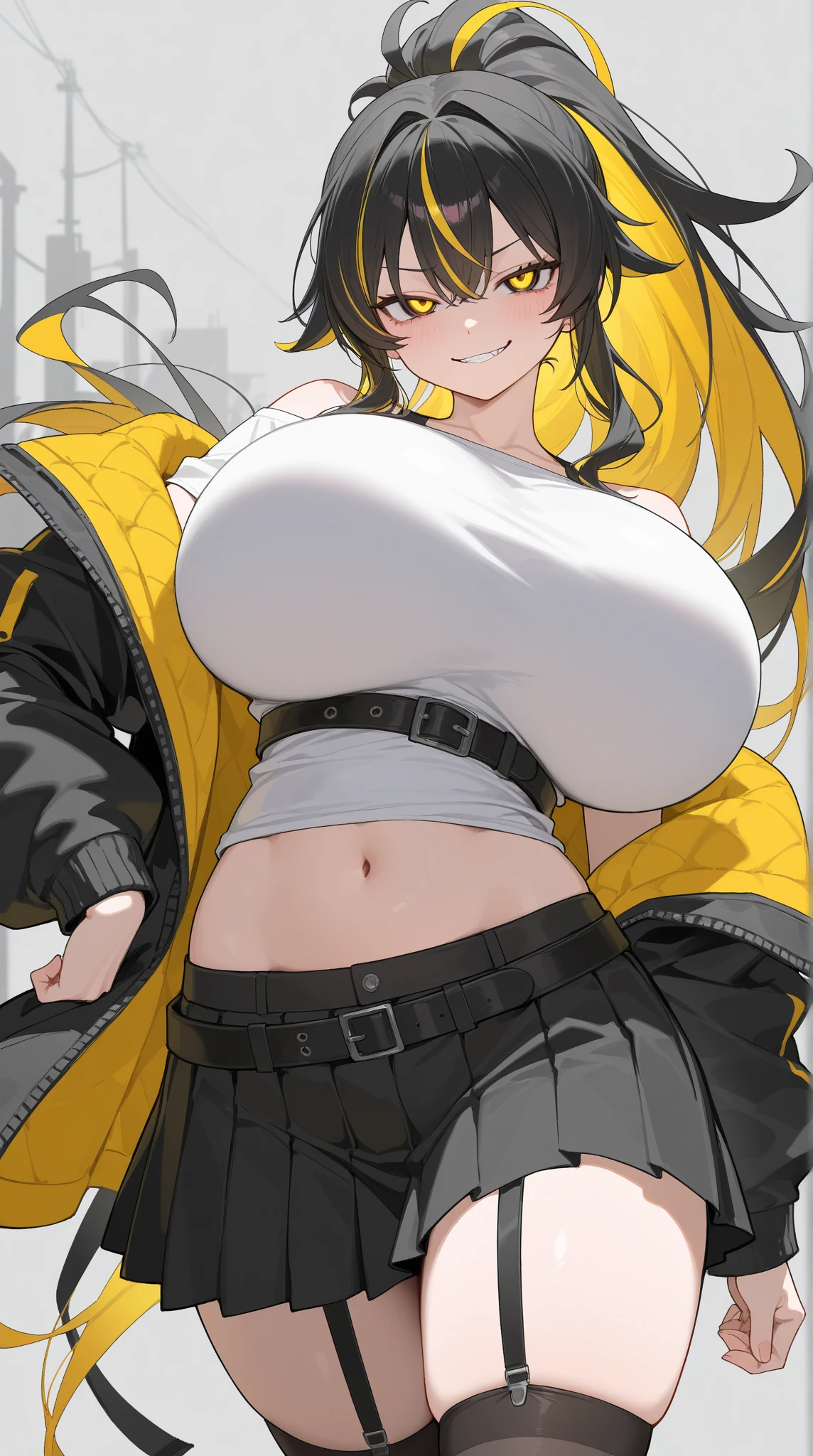 (masterpiece, highest quality:1.2) Dendra, Pokemon, 1 girl, alone, long hair, black hair, big breasts, smile, scar on forehead, Crossscar, black hair, yellow eyes, fingerless gloves, black jacket, Band-aids on the face, track jacket, yellow gloves, open jacket,show off bra,(cleavage),(big tits:1.2),(huge breast:1.2),,round breast,from below,toned stomach,skinny body, sweat,wet,smirk,nose blush,frustrated,(breast close-up:1.3),((bent over)),((clothed bra)),(show off bra:1.3)