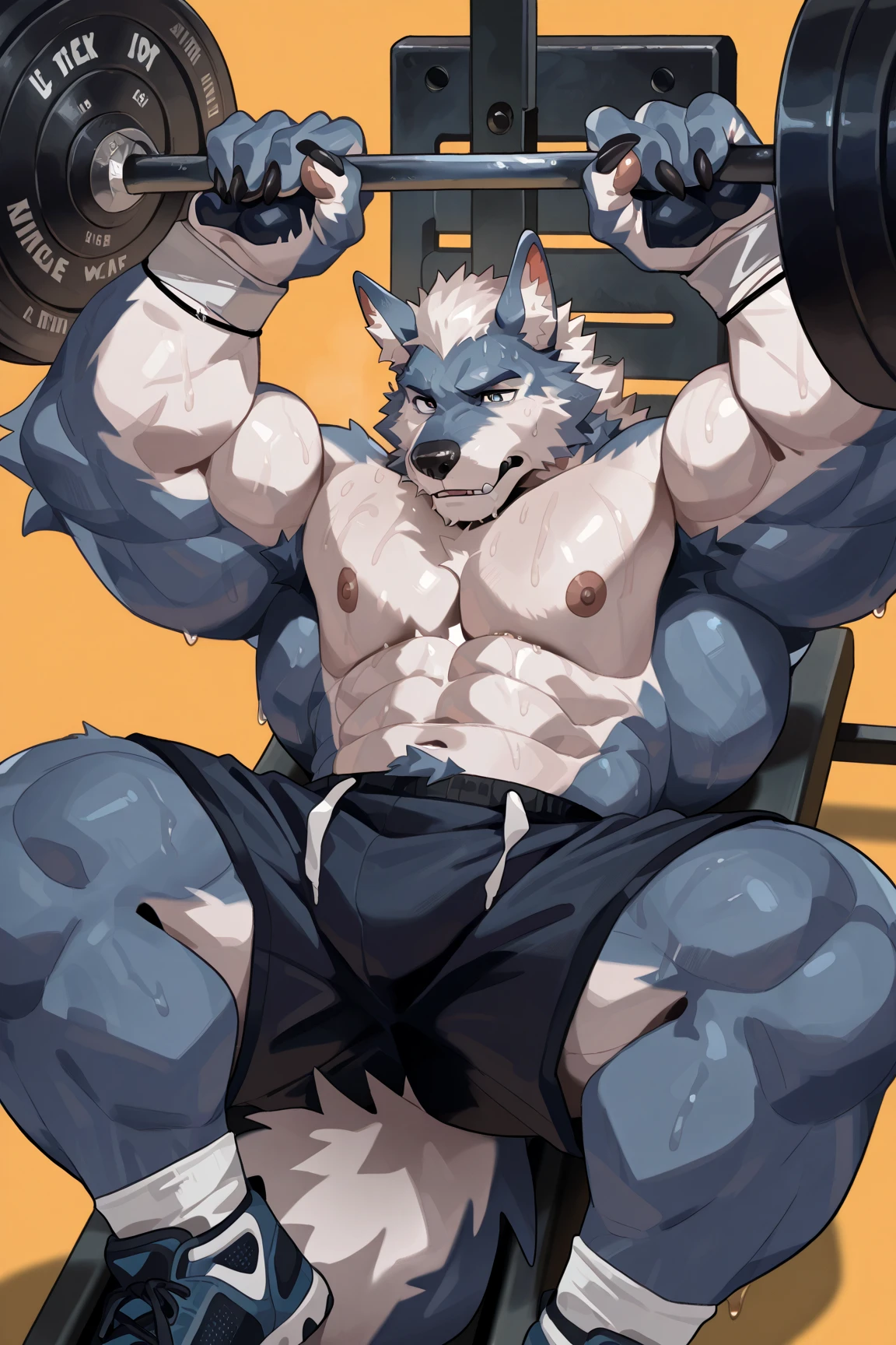 hombre lobo musculoso,Peludo por todas partes,patas con garras,erect via,Haz ejercicio en el gimnasio y gay