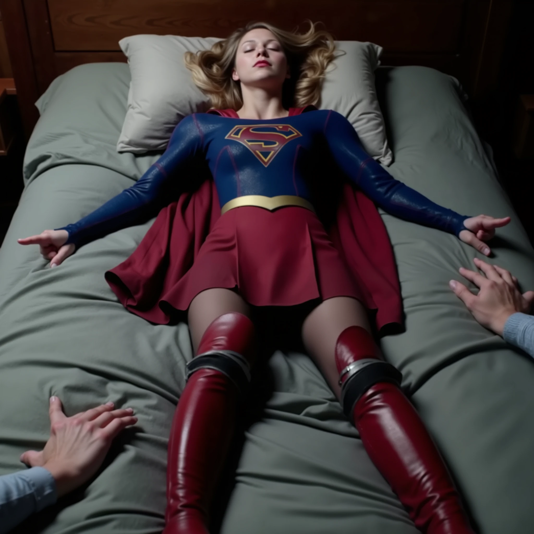 Melissa Benoist as Supergirl, she is lying flat on her back on the bed, sleeping, eyes close, wide spread arms, wide spread legs, wrists and ankles are bonded to the bed with metal equipment, wearing Supergirl costume, blue shirt, red skirt, red long boots, hands of the monsters grab her thighs, whole body from head to feet, shot from below,