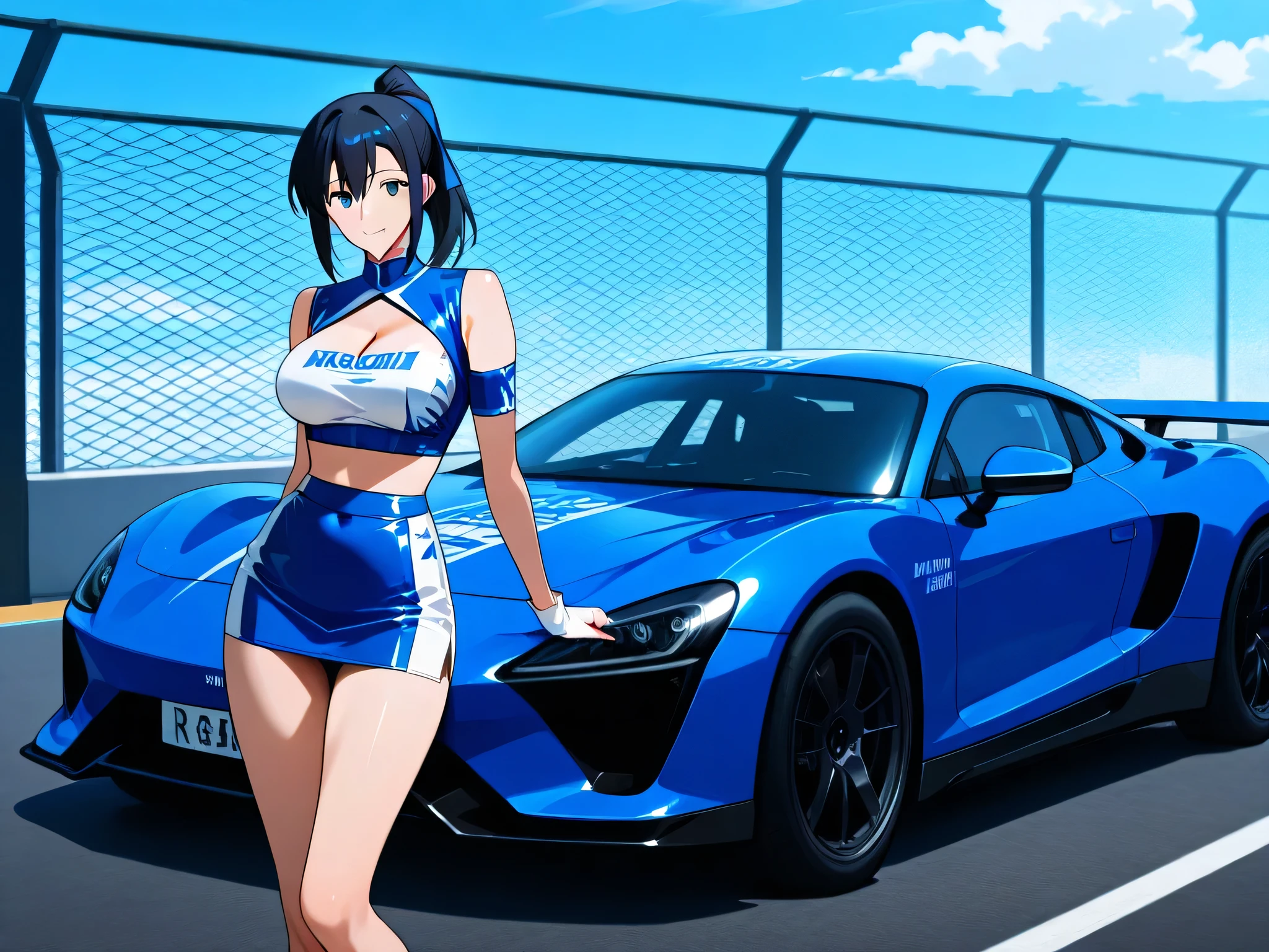 <lora:reiko:1> reiko, brown eyes, white dress, short dress, race queen, smiling  elbow gloves, white footwear, knee boots, small breasts, standing next to a grey race car,  at starting line on  a race  track