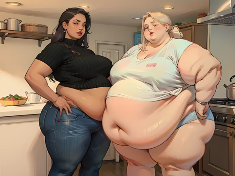 (masterpiece, best quality, highres, detailed, realistic:1.3), teenage black african american woman, USSBBW, (morbidly obese:1.5), (detailed face, beautiful face:1.2), high aesthetic, panties, messy, slob, being fed, surrounded by worried sisters, side view