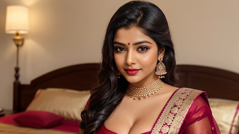 A beautiful Indian woman, aged around 32, with an elegant, traditional look. She has a serene expression with a gentle smile. She is wearing a deep with a purple border adorned with intricate golden embroidery, without a blouse. Her hair is styled in a neat, traditional updo with a few soft curls framing her face. She has a larger bust size, with a semi-revealing saree drape that tastefully showcases her chest. She wears gold jhumka earrings and a small red bindi on her forehead. The background is a soft pink hue, adding to the overall warm and inviting ambiance. The image should have a focus on her upper body, highlighting her traditional attire and jewelry, with an emphasis on her chest area. show her generate nsfg, big , show Big brest nipple nice cleavage seductive poses red lips full body cat eyes nudes