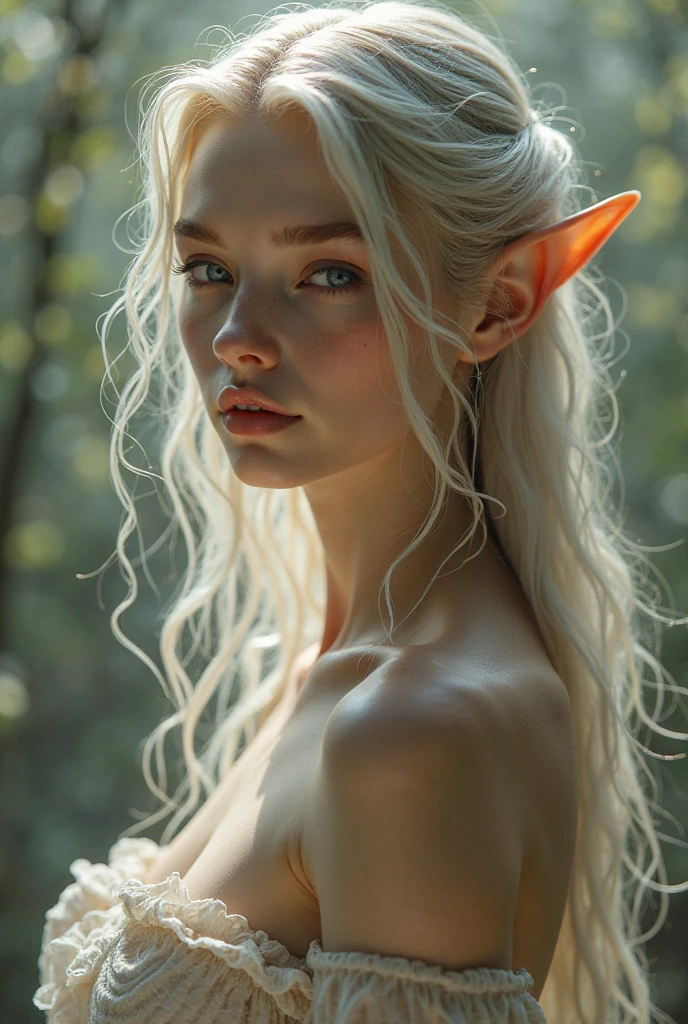 FAIRY WITH AN HYBRID FACE BETWEEN CLAUDIA SCHIFFER AND GISELE BUNDCHEN , BUST IMAGE STYLE, STUDIO IMAGE STYLE, BLACK INFINITE BACKGROUND, DIFFUSED LIGHTS ON FACE, BACK LIGHTS ON HAIR, LUMINOUS HAIR, CLOSE FACE SHOT, PLATINUM LONG HAIR, HUGE STRAIGHT LONG HAIR, BRAID HAIR STYLE, PLATINUM EYEBROWS, VERY PALE SKIN, LUMINOUS SKIN, FEMALE FAIRY, TOLKIEN MITHOLOGY, EXPOSED LONG TIP EARS, HIGH CHEEKBONES, ROSY CHEEKS, EXPRESSIVE LIGHT GRAY EYES, GORGEOUS LIPS, SOFT LIPSTICK, GORGEOUS CURVY BODY, STRONG BODY, SOFT MUSCLES, VOLUMOUS BREASTS, STRAPLESS CLEAVAGE, WHITE VICTORIAN DRESS, ENIGMATIC FACE EXPRESSION, SIDE FACE VIEW, EYES LOOKING TO THE SIDE, TOLKIEN MITHOLOGY, HIGH QUALITY IMAGE, MASTERPIECE, 8K