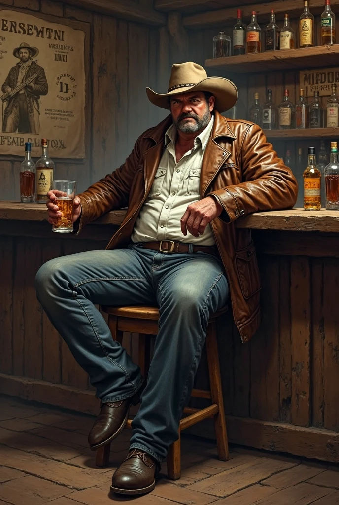 oil painting of an old west railroad worker having a shot of whisky in a saloon, rustic 19th century American Old West, contemplative expression, by Frank Tenney Johnson, by Frederic Remington, by HW Hansen, by Charles Marion Russell, by William Herbert Dunton,  immersive composition, warm color palette