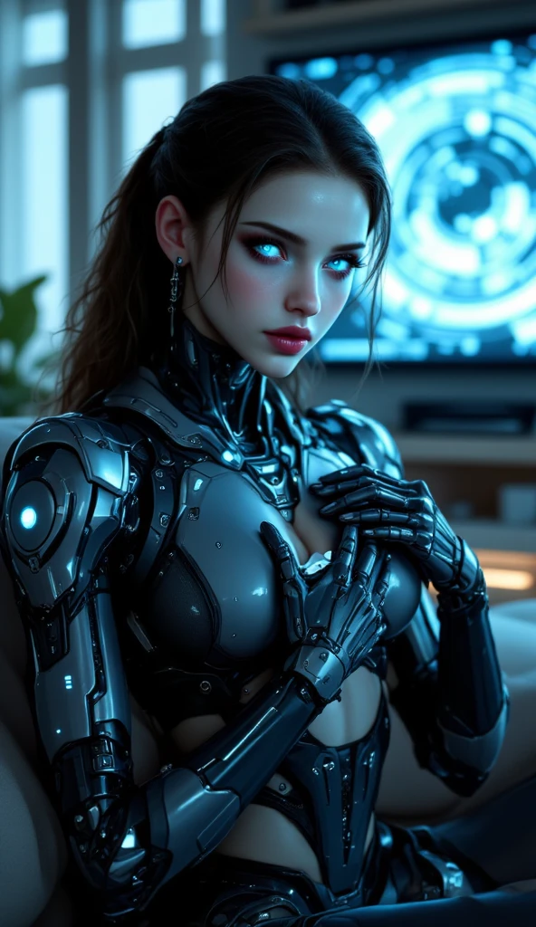Limda mulher com (human head wearing black suit | cyborg head wearing black suit:1.2), parte superior do corpo, HDR , cinematic lighting