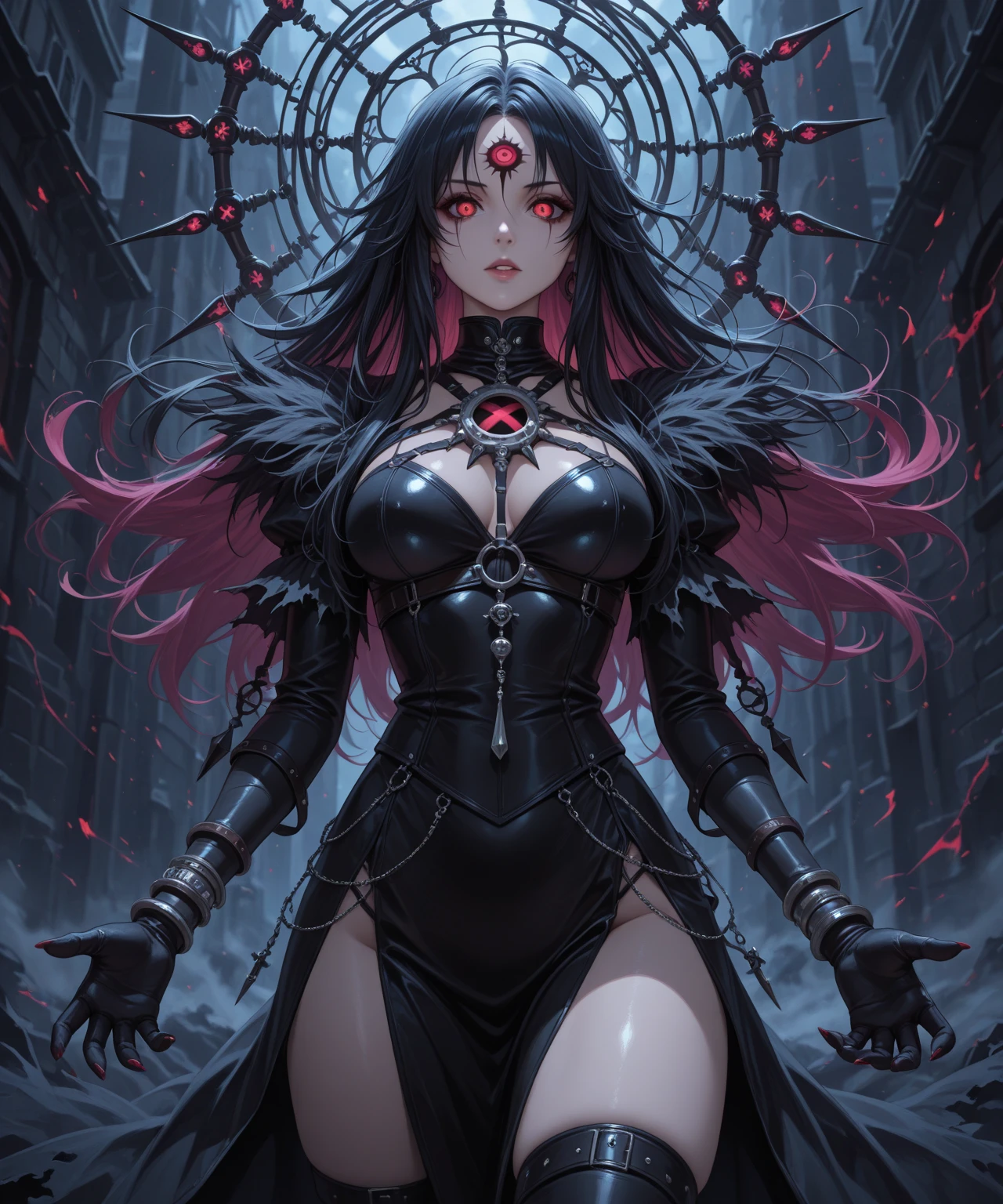 Scarlet Castlevania, (Scarlet Castlevania), tenebrosa, standing alone, ray tracing, 3D style, 3dmm, ((3 poses per photo)), ((3 poses in each photo)), fully body,(from front view),(Rear view), (view on the left), blackstockings, Tear at the waist,(((3 poses per photo))),((symetry)) ,((ultra realistic skin)),(minimalist details),((large open dress with v-cuts)),(((dress with spikes))),(((slits between the legs))),(((well-defined groin))),(drawn curve),(((necklines))),(((thick and beautiful legs))),(((big boobies)))