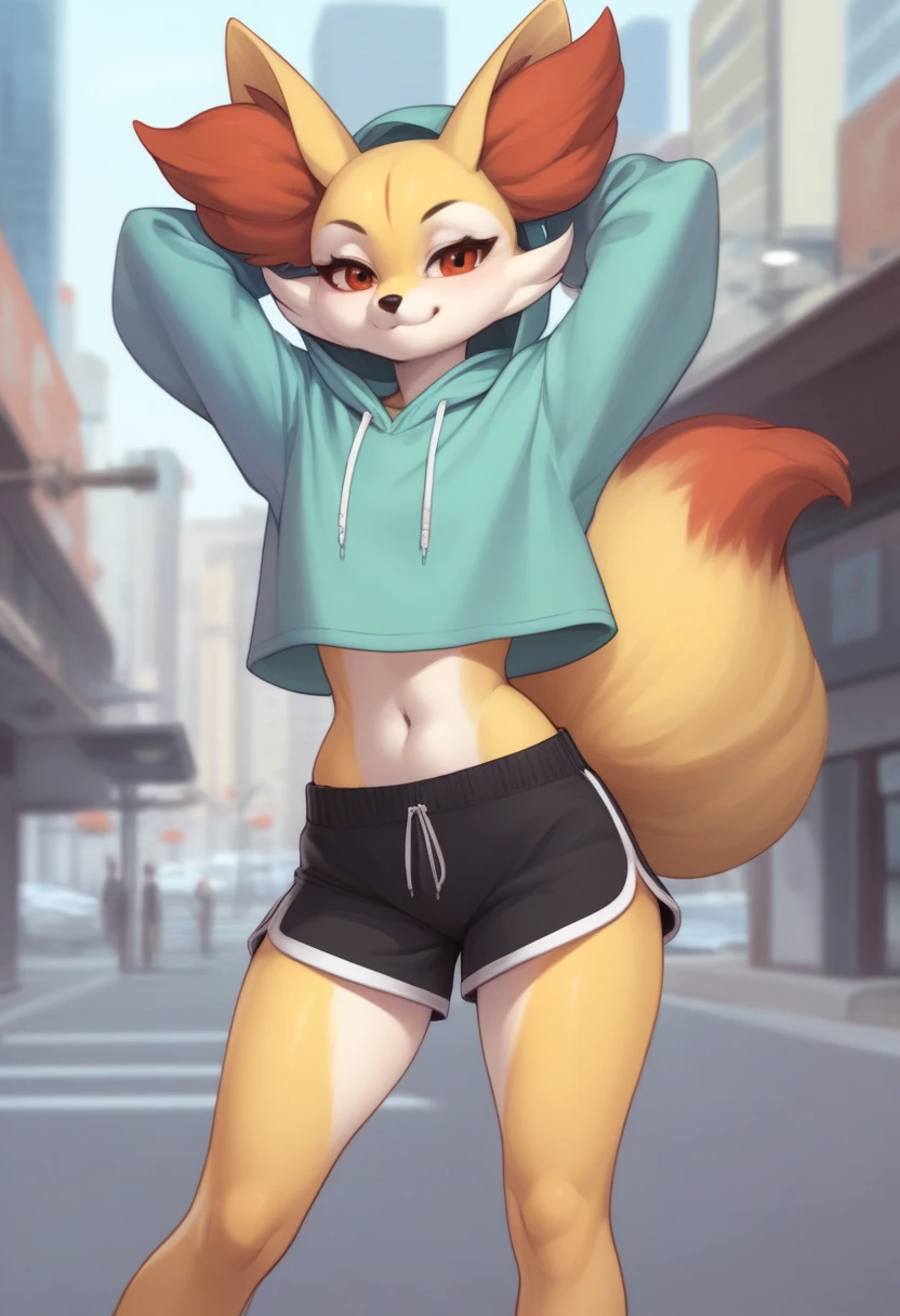 Anthropomorphic younh light yellow fox, with blue eyes, pink nose, wearing black deportive shorts, cropped top, white hight tights socks, solo, blushed, surprise face, full body view, white background, hands on chest, hands closed, furry art