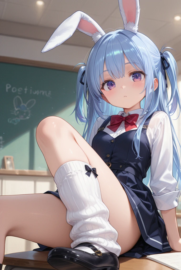 ((table top, highest quality, High resolution, nffsw, perfect pixel, 4k, nffsw, nffsw))), 1 girl, single, alone, beautiful woman、I could see the whole body、 ((long hair、blue hair)), ((dark blue eyes, beautiful eyelashes, realistic eyes)), ((detailed face, blush:1.2)), ((smooth texture:0.75, realistic texture:0.65, realistic:1.1, Anime CG style)), medium breasts, dynamic angle, perfect body, ((school uniform, white shirt, black skirt, unbuttoned shirt、、plaid skirt、not wearing shoes、white socks)), classroom without people、sit at desk、lower&#39;I took my foot off the desk............................、evening、、、Very embarrassing panic smile、(lift the skirt with your right hand、open your legs、open your knees wide、white and pink floral lace panties)、