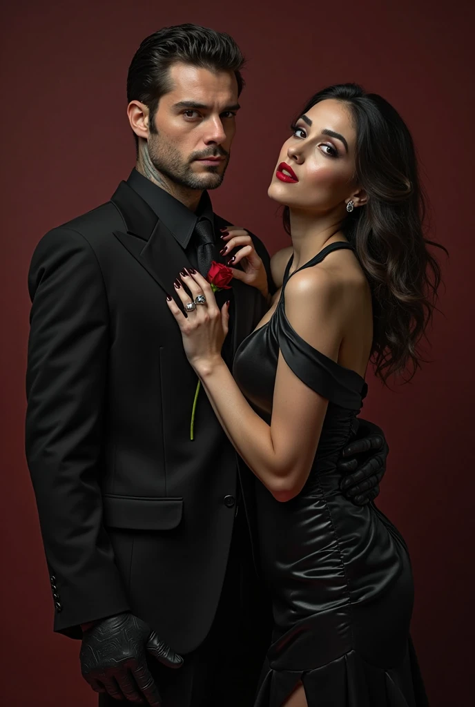 beautiful woman in an intimate moment, wearing a sensual red dress, hugging a man in black clothes, 30s, round face, cinematic appearance, detailed.