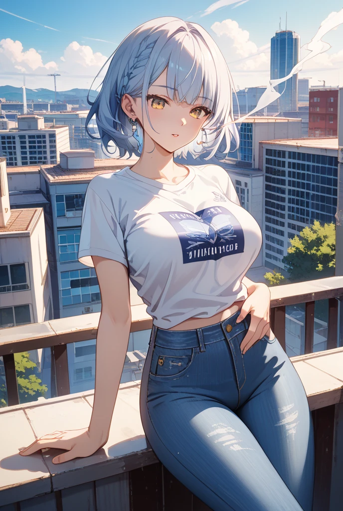 A woman with silver bob hair and blue eyes, wearing Y-Shirt, gazing condescendingly at the viewer with a cute grinning expression, extremely detailed and realistic, masterpiece quality, ultra-detailed, HDR, studio lighting, vivid colors, physically-based rendering, thick thighs, beautiful thighs, school girl, 後ろ姿で机に向かって座ってる