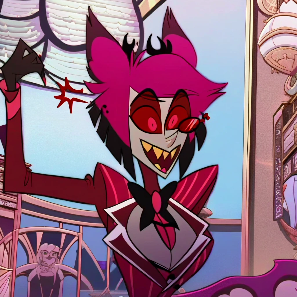 alastor, solo, 1girl, standing, (huge breasts:1.5), grey skin, red suit, monocle, BREAK score_7_up, screencap, (((lighting on body)))
