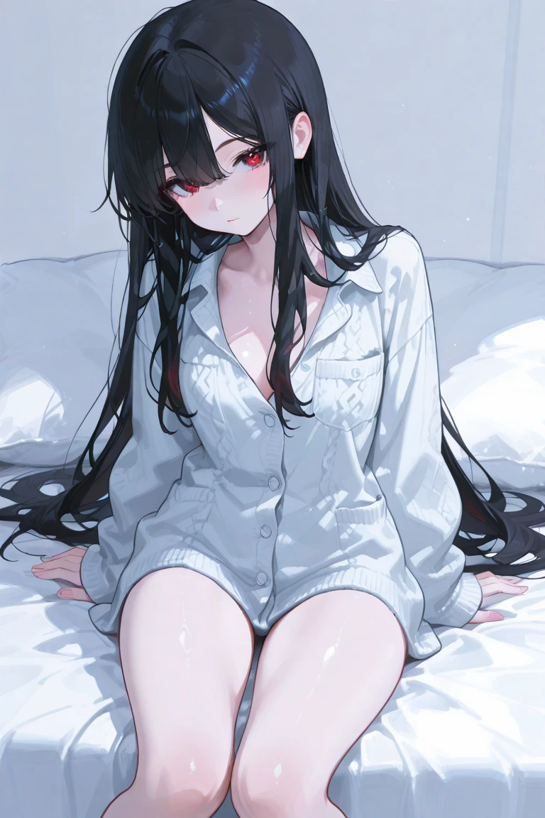 highest quality, expensive_solve, clear_image, Black hair, red eyes, bed, nakedness, waking up, pussy, stocking, spread legs, wet, see-through, black underwear