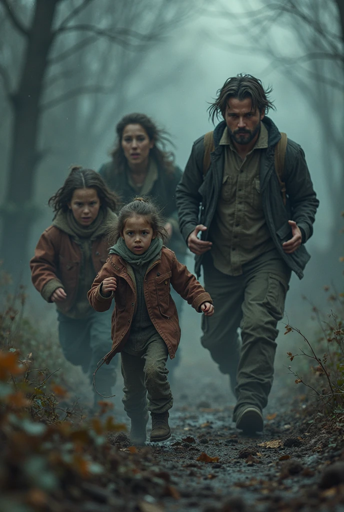 At night in a forest with undergrowth, Garbage and waste a man running into the darkness with a baby in his arms
