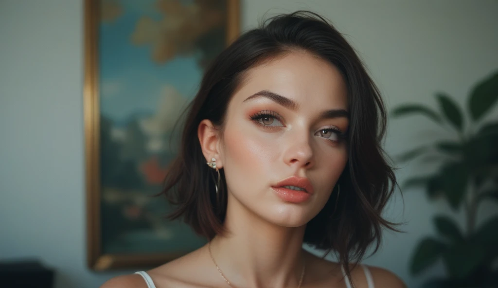 RAW photo, best quality, masterpiece, photorealistic, Polish girl, 20 years old, black hair, Light grey eyes, short bob cut, hair in 7 thirds, hair over one ear, Symmetrical eyes, Detailed Skin, Detailed face, Detailed hands, Big Breasts, rip gloss, Shot in front of a stylish pastel-colored exterior wall, profile, upper body, sunny, outdoors, detailed background, wet hair, gel nails