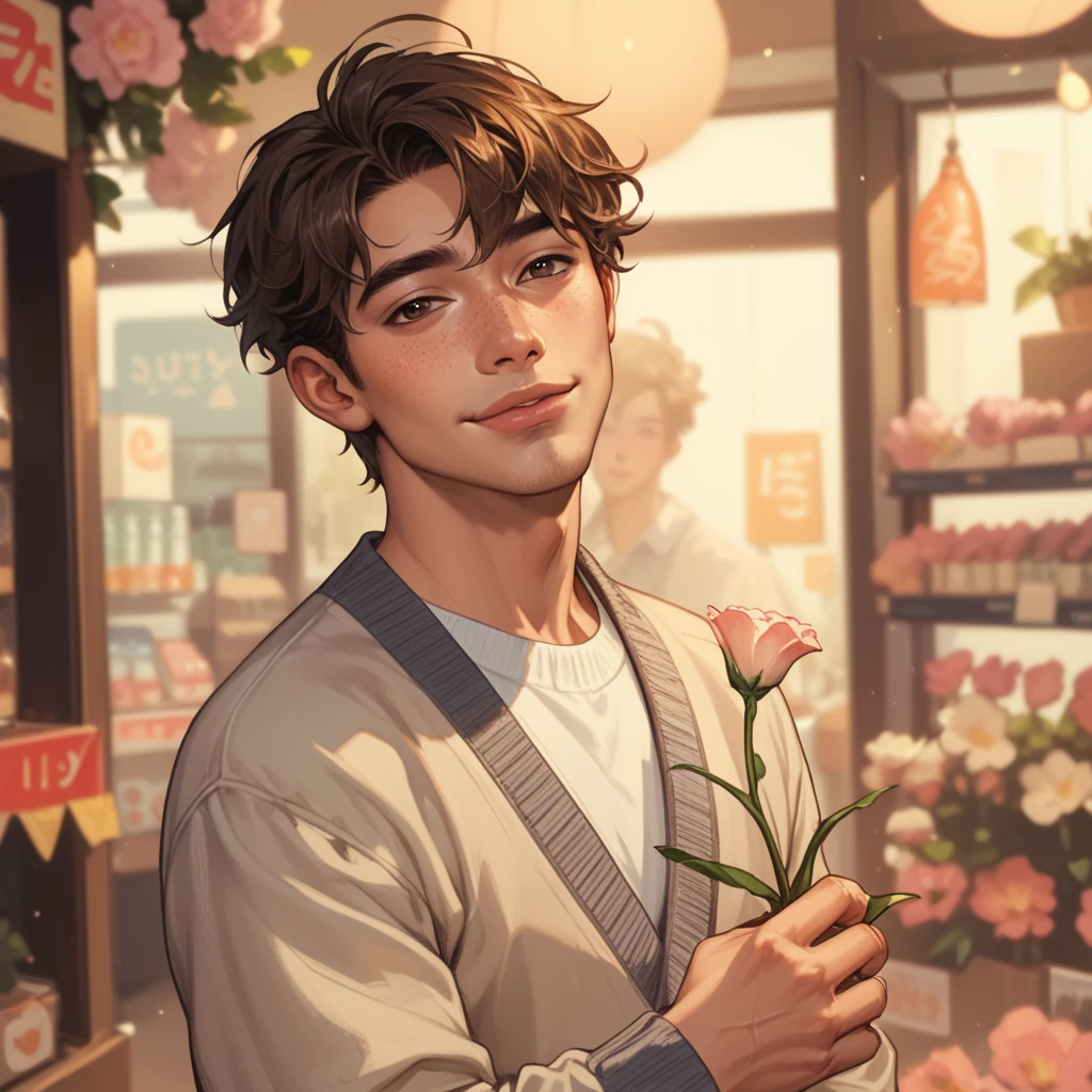 20 years old, male with short black hair, fat, muscular, in a flower shop, open shirt, surrounded by bouquets, white black-trimmed high-top sneakers, sitting on balcony, no lenses frames