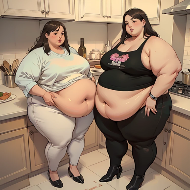 (masterpiece, bestquality, highres:1.5), hyper realistic, (2girls:1.4), Kiera Knightley, (USSBBW:1.4), (morbidly obese:1.4), (double belly:1.2), (detailed, beautiful face:1.2), Bella Poarch, ite, (thin:1.2), feeding, looking at each other