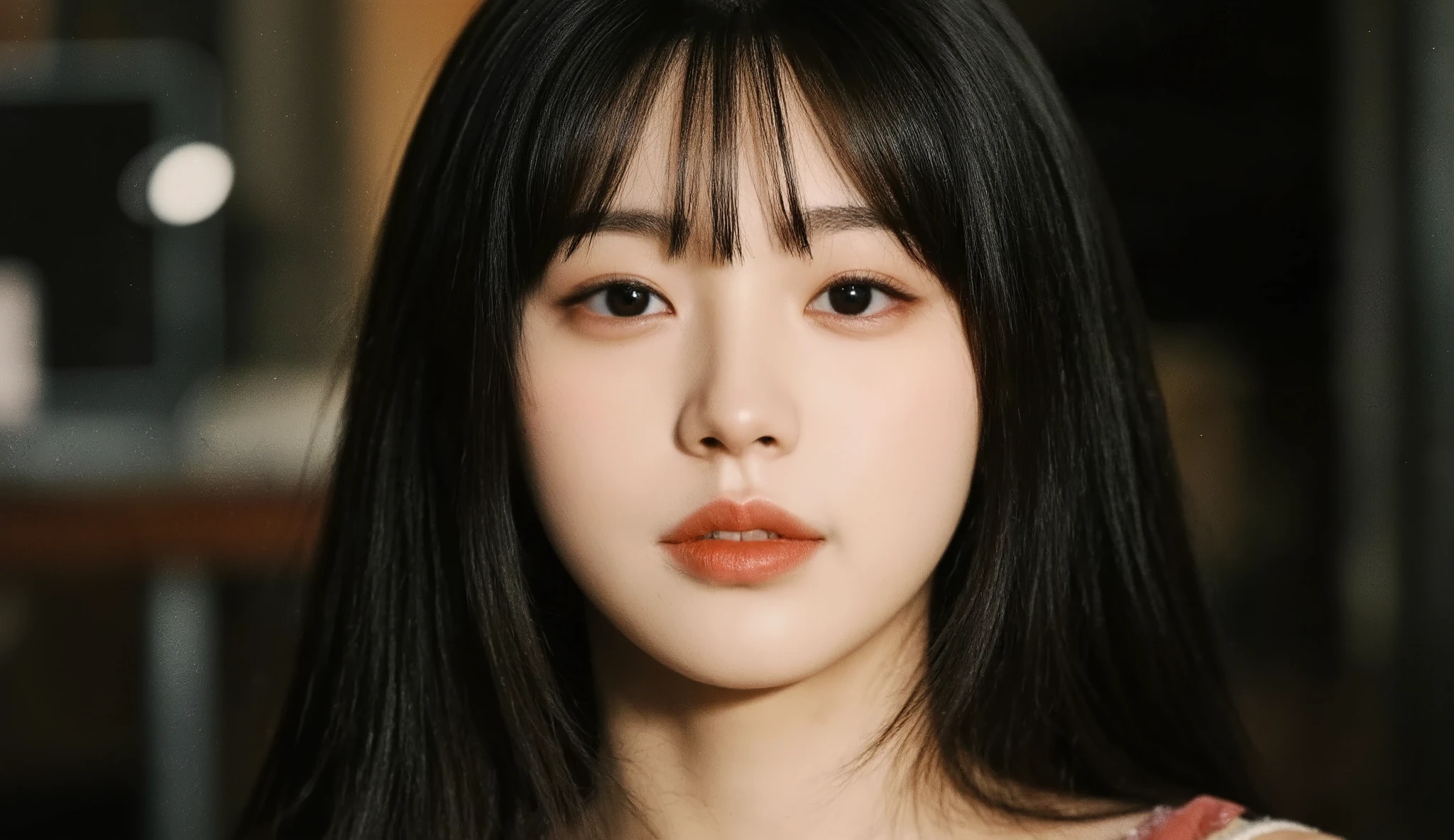 a shoulder-up candid photo of a 20-year-old Korean woman on a real concert stage, photographed with a DSLR, natural lighting, detailed skin texture, soft background blur, minimal or stage makeup, unique facial features, ultra photorealistic, not digital art, not illustration