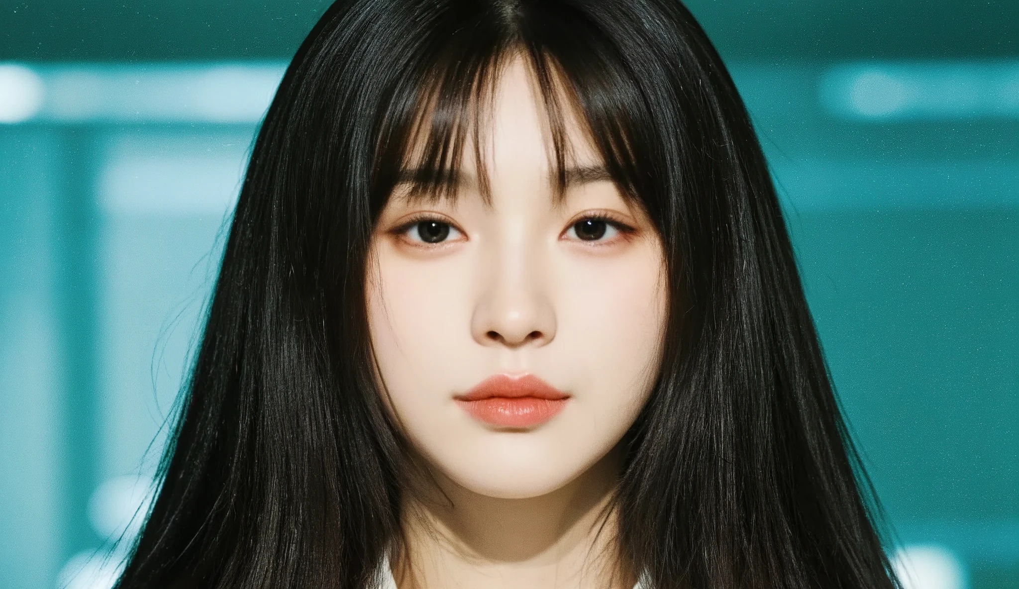 a shoulder-up candid photo of a 20-year-old Korean woman on a real concert stage, photographed with a DSLR, natural lighting, detailed skin texture, soft background blur, minimal or stage makeup, unique facial features, ultra photorealistic, not digital art, not illustration
