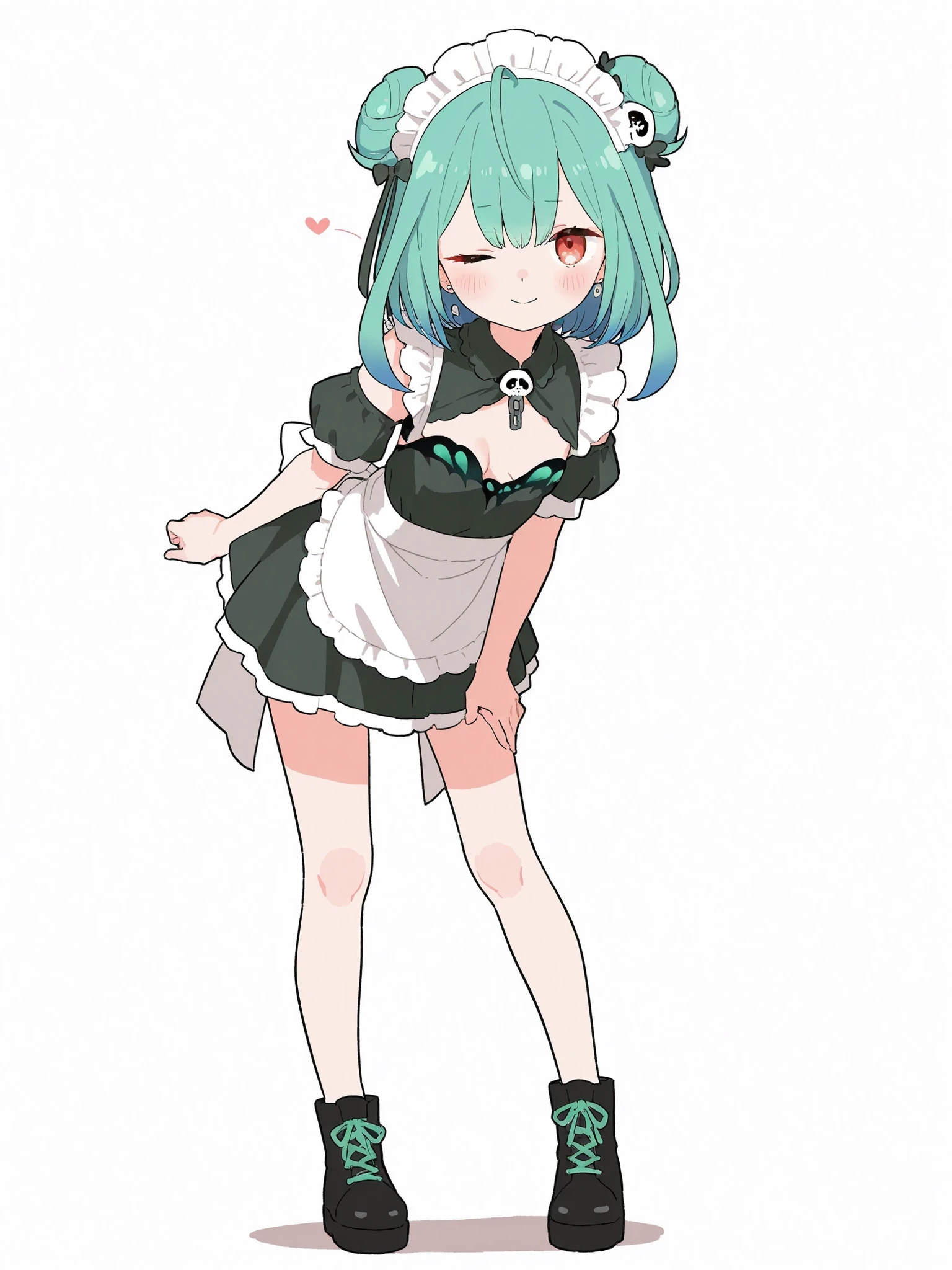 1girl , shinjiro,white background, uruha rushia,smile,blush,rough,jaggy line,looking at viewer,small breast,full body,standing,green maid costume, cleavage,mini skirt,wink,